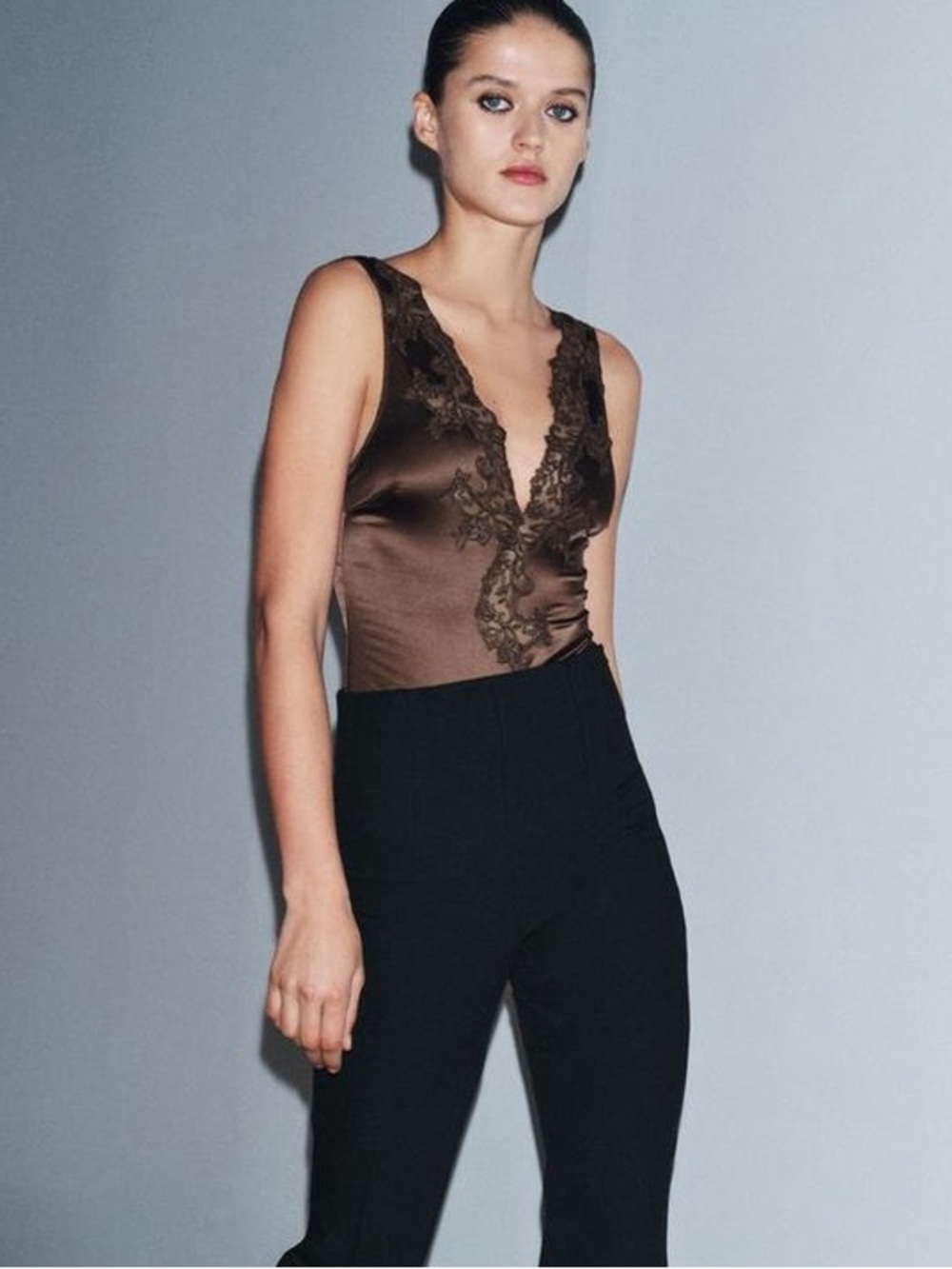 Zara ZW Collection Brown Satin & Lace Bodysuit - Size L